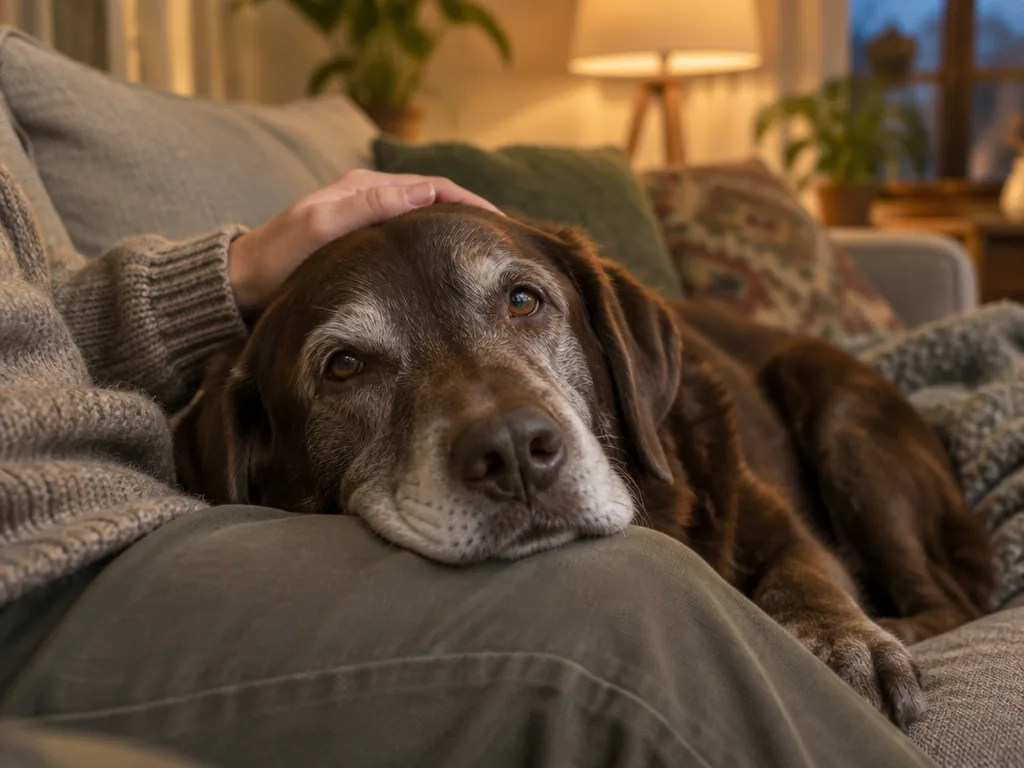 En äldre labrador med grånad nos vilar huvudet i ägarens knä i soffan.