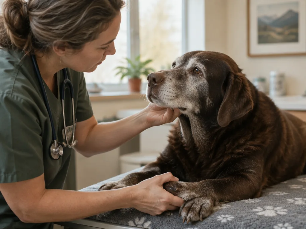 En veterinär undersöker ögon och reflexer hos en äldre labrador vid en kognitiv hälsokontroll.