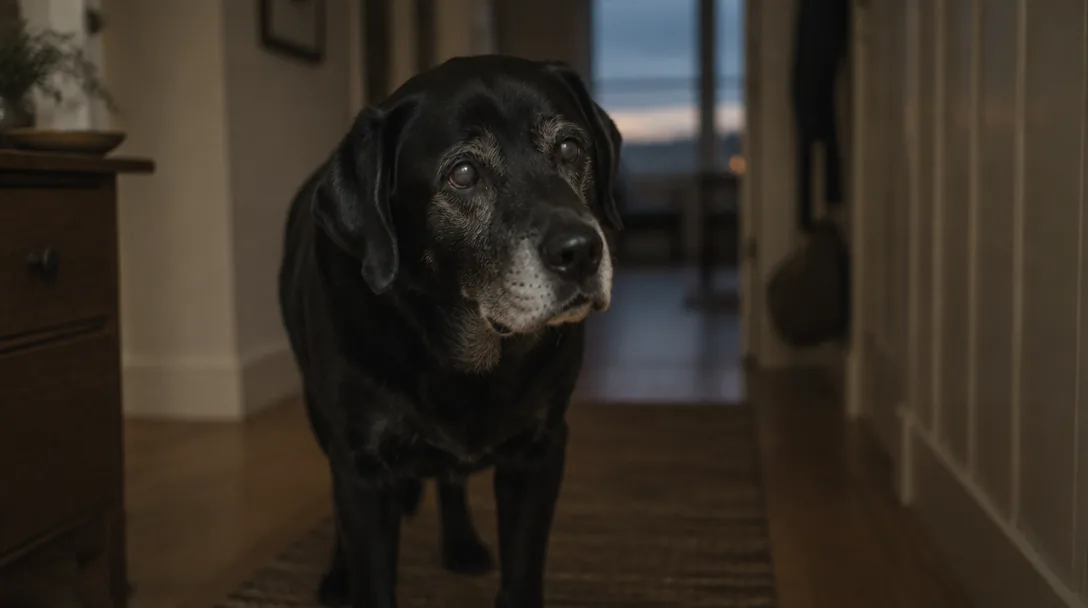 En äldre svart labrador med gråmulen nos står förvirrad i en hall i skymningsljus.