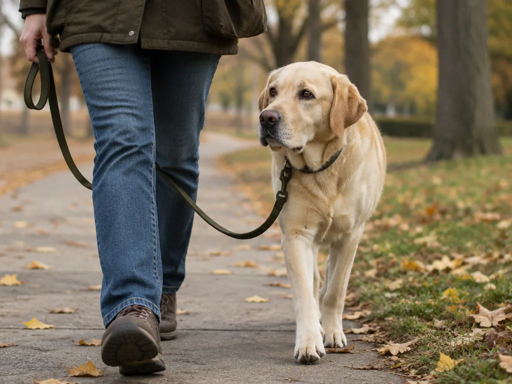 En labrador går lugnt bredvid sin ägare med slakt koppel på en trottoar.