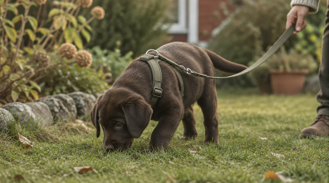 En liten choklad-labradorvalp i sele och koppel nosar på gräset i en trädgård.