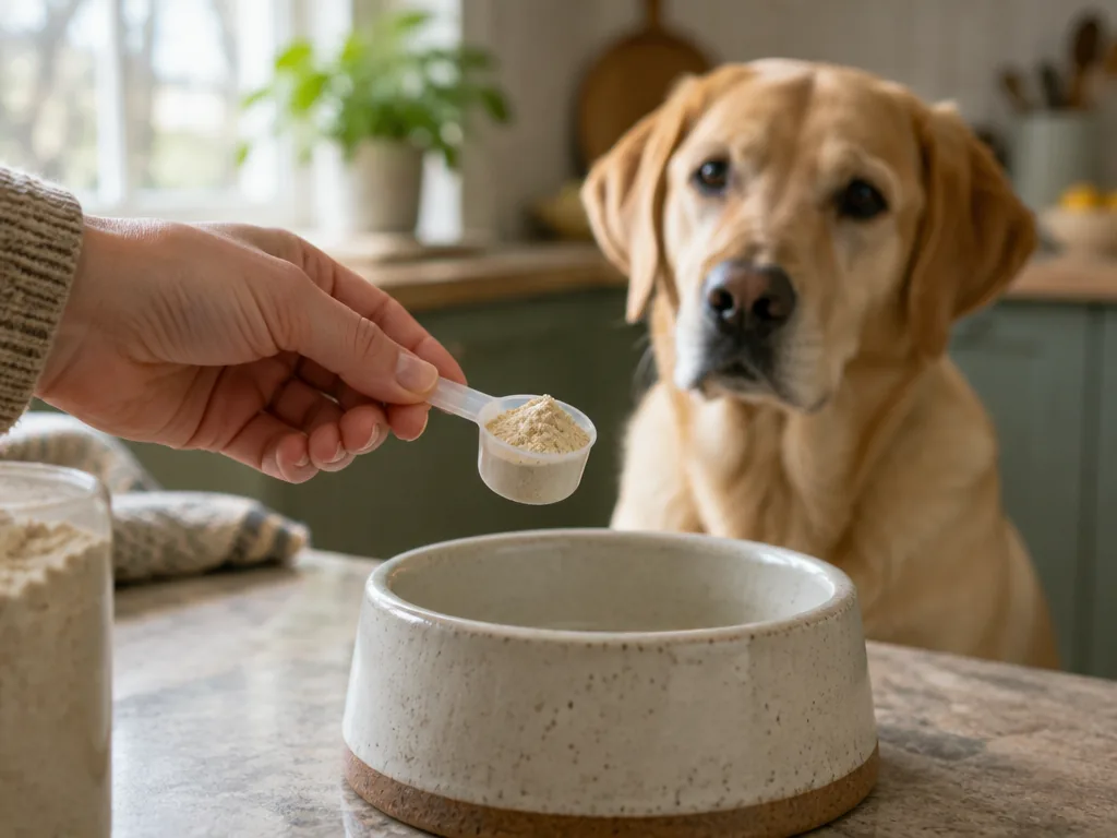 Ett mått ledkosttillskott hälls i en labradors foderskål.