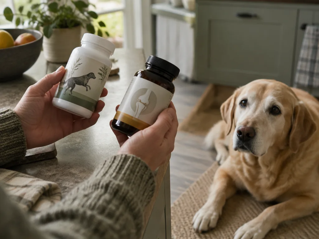 En hand jämför två olika ledkosttillskott på en köksbänk med en äldre labrador vilandes i bakgrunden.