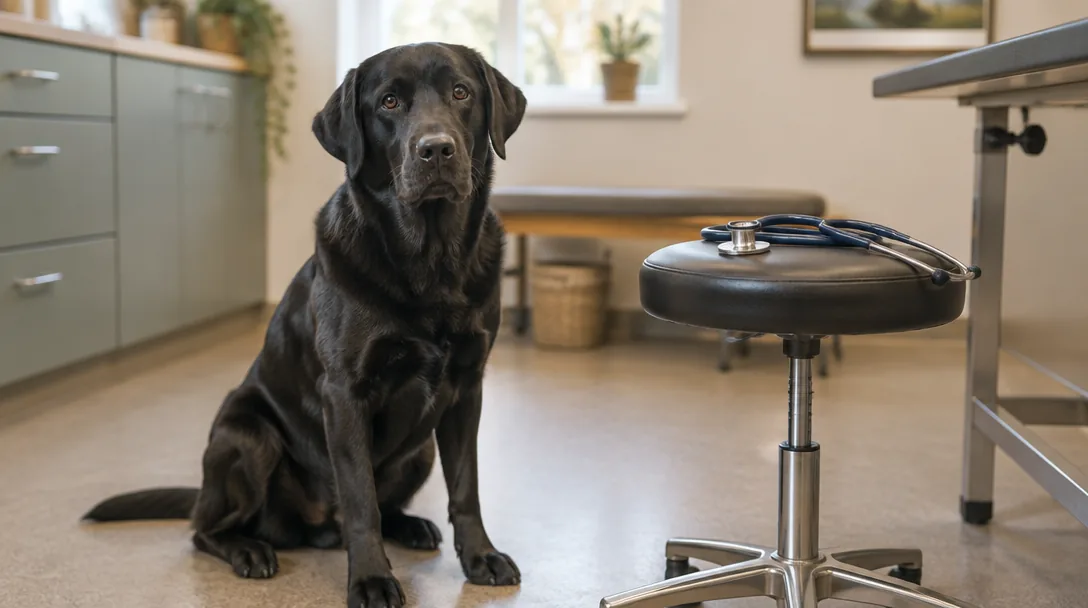 En labrador sitter uppmärksam på golvet på en veterinärklinik bredvid ett stetoskop som ligger på en pall.