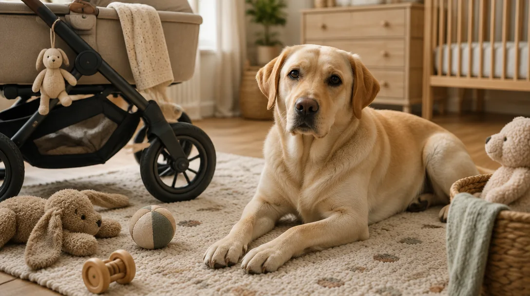 En gul labrador ligger lugnt på en matta i ett barnrum bredvid en barnvagn och mjukisdjur.
