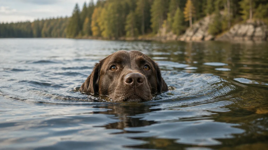 En choklad-labrador simmar i en lugn sjö med bara huvudet ovanför vattenytan.