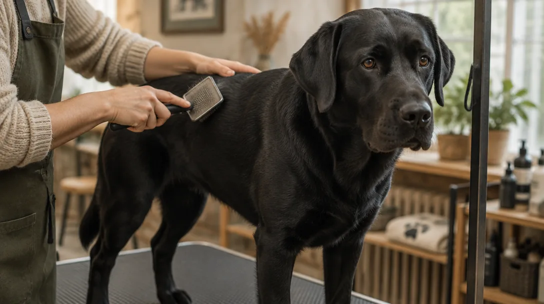 En svart labrador står på ett trimbord medan händer drar en kardborstborste längs ryggen.