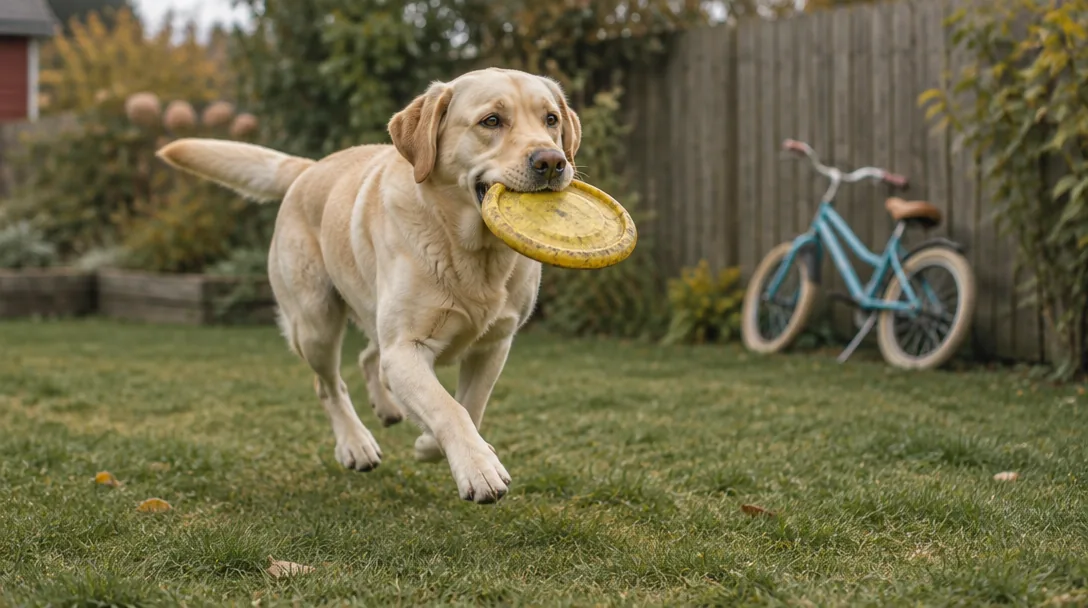 En gul labrador springer över en gräsmatta med en frisbee i munnen, en barncykel syns lutad mot ett staket i bakgrunden.