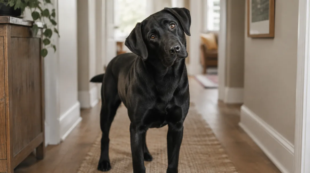 En svart labrador står uppmärksam i en hall med spetsade öron och huvudet på sned.