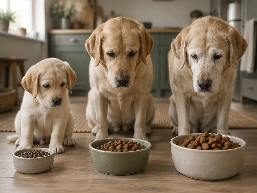 Tre foderskålar med olika kornstorlek representerar valp, vuxen och senior labrador.