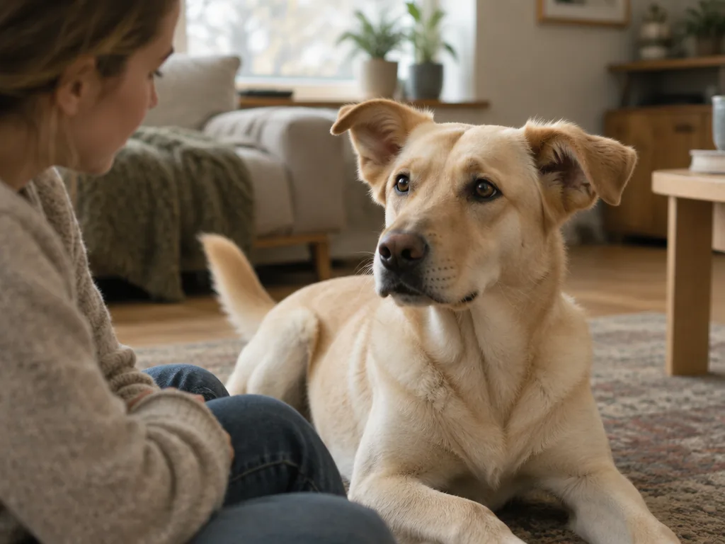 Ägaren sitter en bit bort och studerar tyst en labradors öron och svansföring i vardagsrummet.