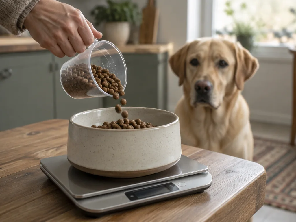 Foder mäts upp exakt med en mätkopp och våg innan en labrador får sin portion.