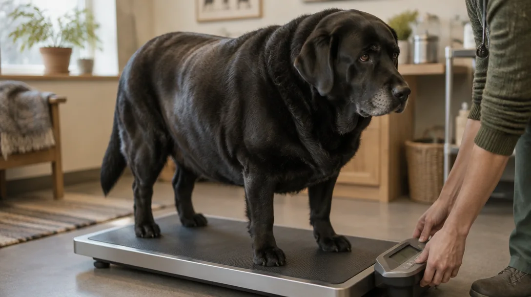 En överviktig svart labrador står på en digital djurvåg på en veterinärklinik.