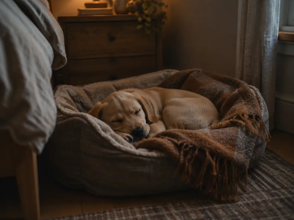 En labradorvalp ligger hoprullad och sover i sin mjuka bädd.