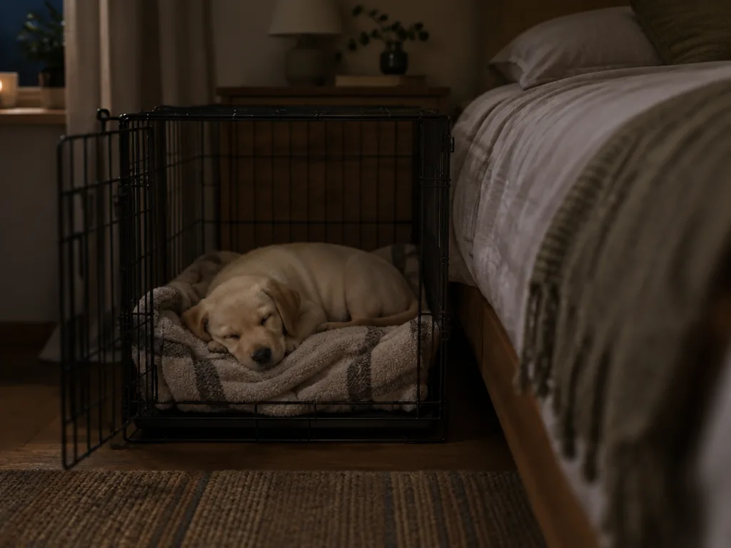 En labradorvalp sover i en öppen burlösning med filt bredvid sängen i sovrummet nattetid.