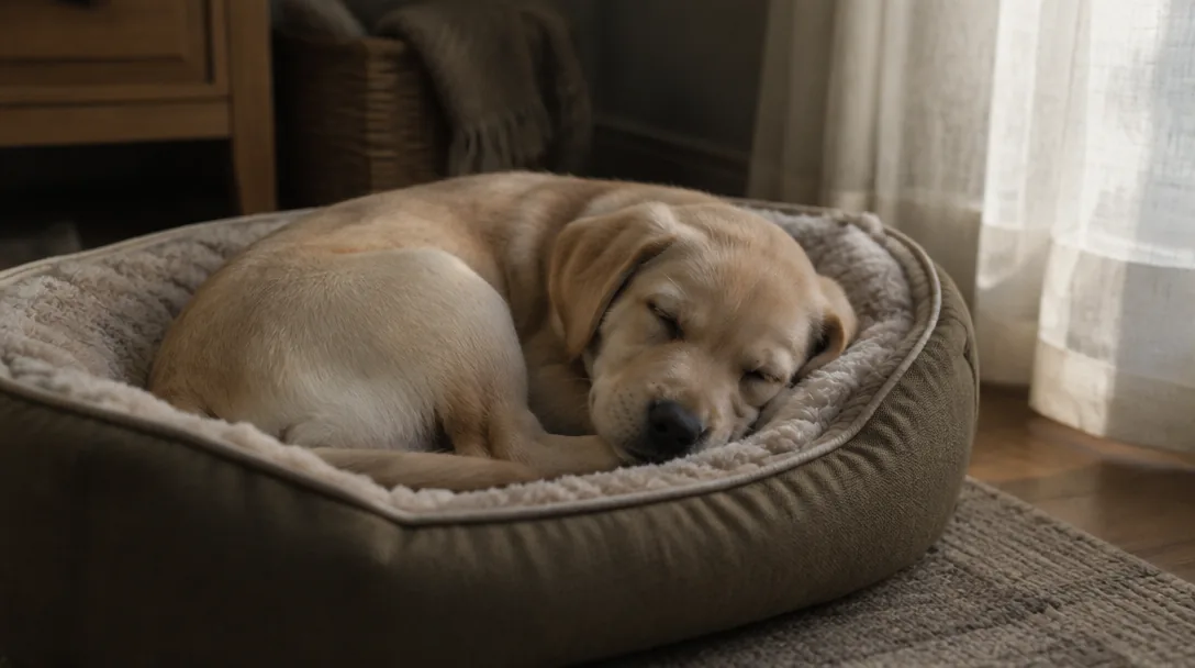 En liten gul labradorvalp sover hoprullad i en mjuk hundbädd i ett mysigt dunkelt rum.