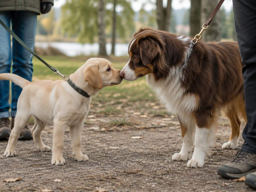 En labradorvalp möter en lugn vuxen hund av annan ras under kopplad kontakt i en park.