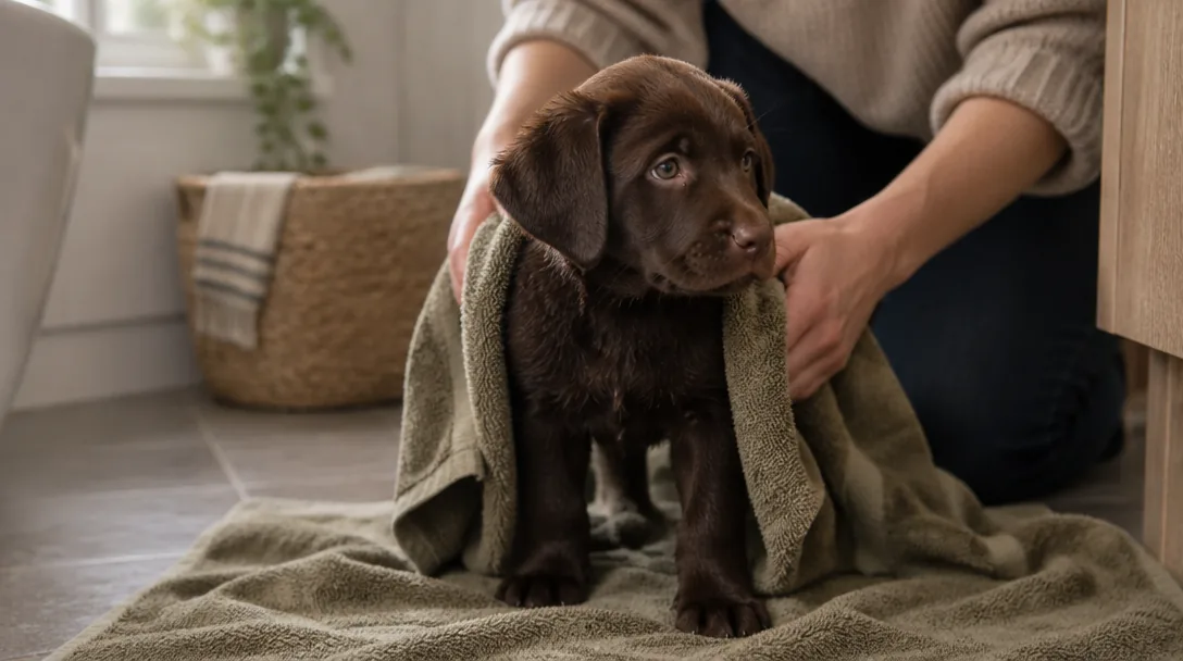 En liten choklad-labradorvalp torkas försiktigt med en handduk efter ett bad på badrumsgolvet.
