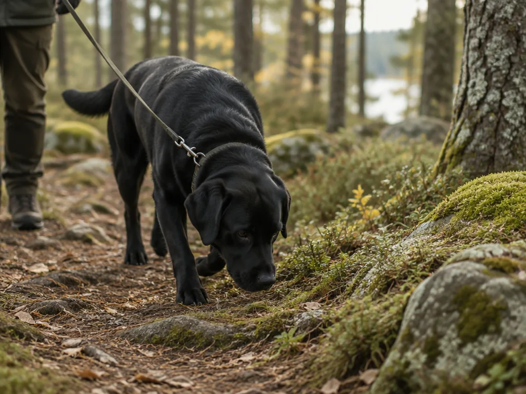 En labrador nosar lugnt längs en skogsstig under en avkopplande sniffpromenad utan krav på tempo.