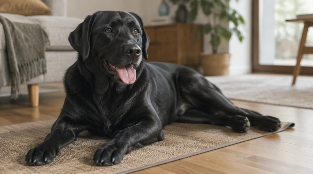 En svart labrador ligger avslappnad på en matta i vardagsrummet efter träning, med tungan ute.