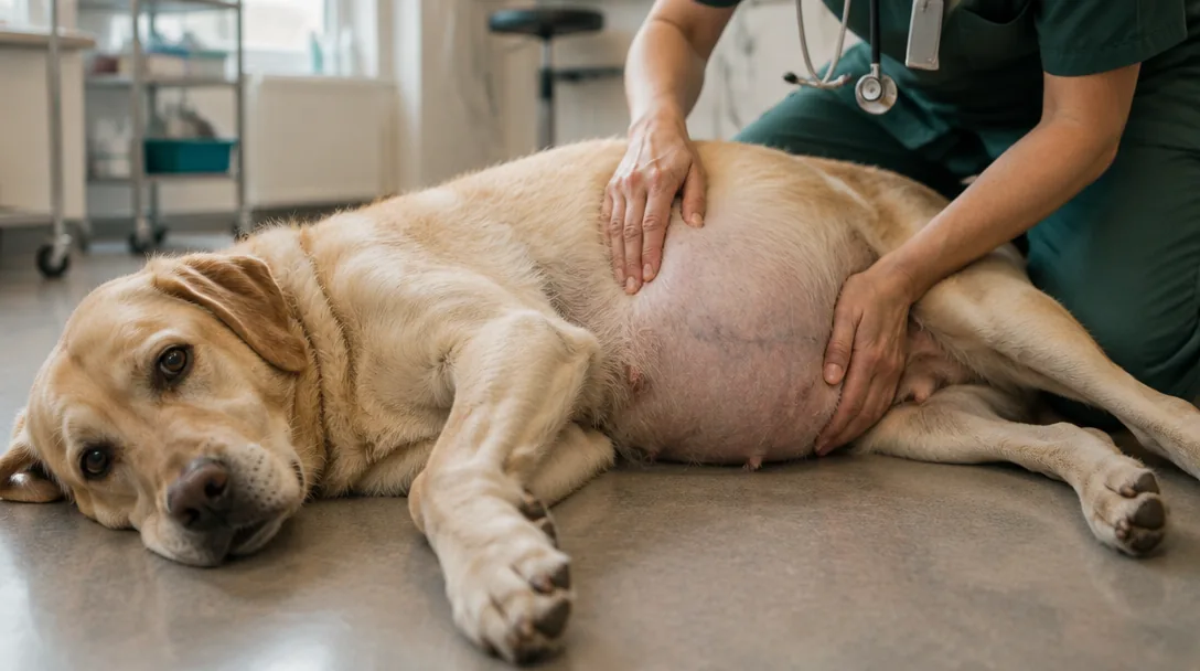 En stor gul labrador ligger på sidan på golvet på en veterinärklinik med synligt uppspänd buk medan en veterinärs händer undersöker den.