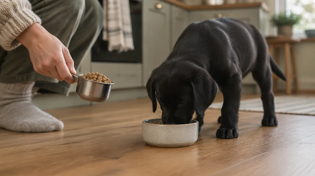 En liten svart labradorvalp äter ur en liten skål på köksgolvet medan en hand håller ett mätglas med foder bredvid.