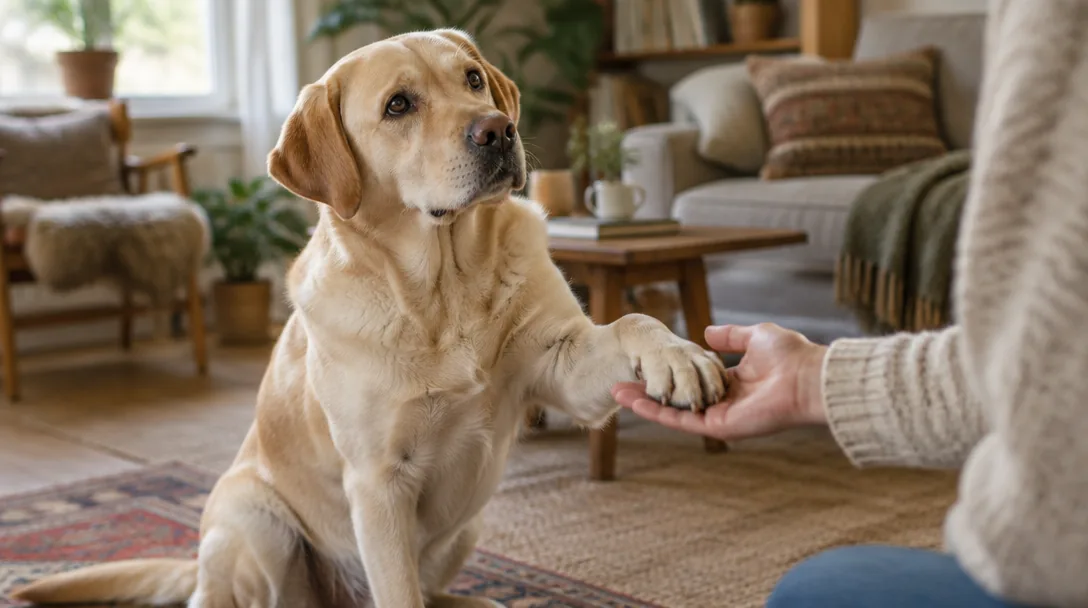 En gul labrador utför ett trick genom att lyfta en tass mot en utsträckt hand inomhus.