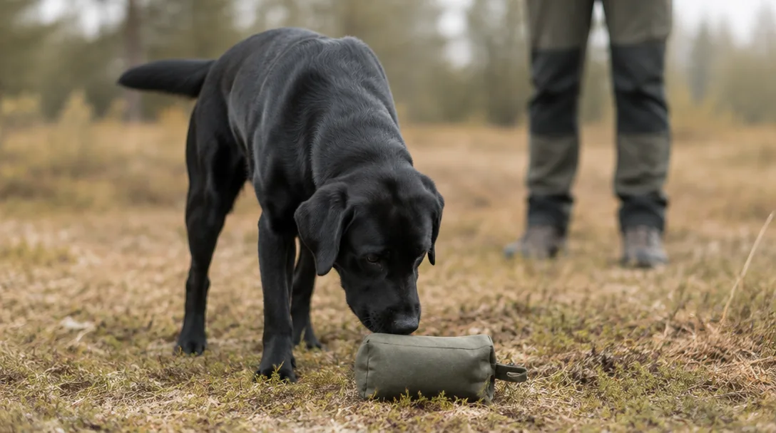 En svart labrador undersöker lugnt ett okänt föremål på marken under ett mentaltest utomhus.