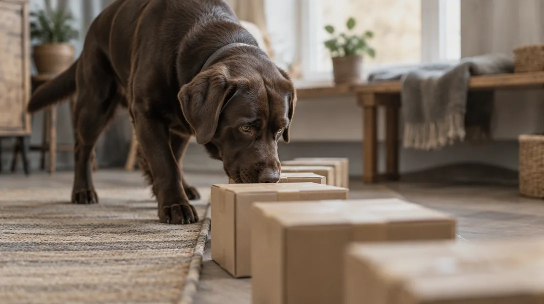 En choklad-labrador nosar koncentrerat vid en rad kartonger under en noseworkövning.