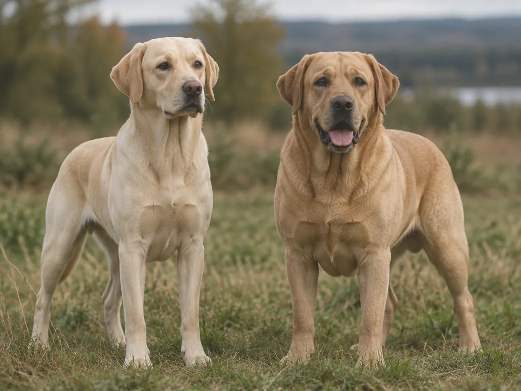 En engelsk och en amerikansk labrador står bredvid varandra utomhus och visar skillnaden i kroppsbyggnad.
