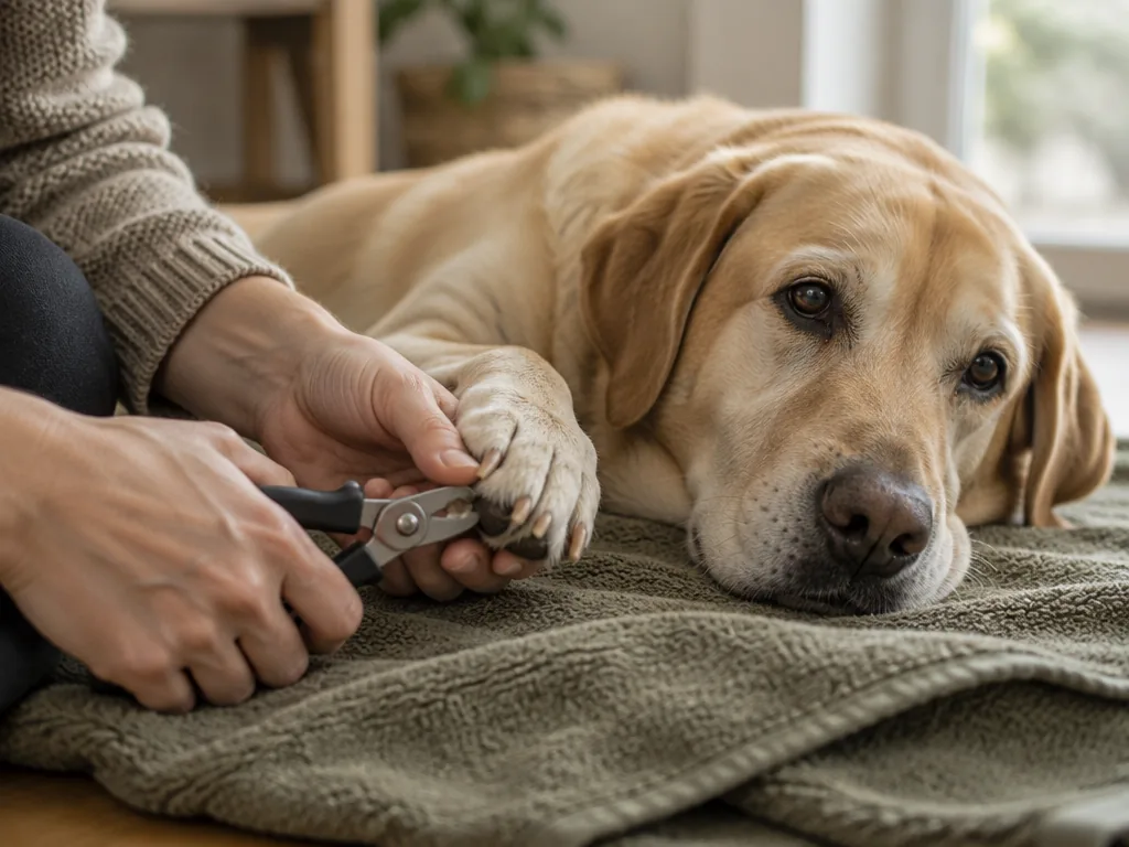En labradors klor klipps försiktigt medan hunden ligger avslappnad på en handduk.