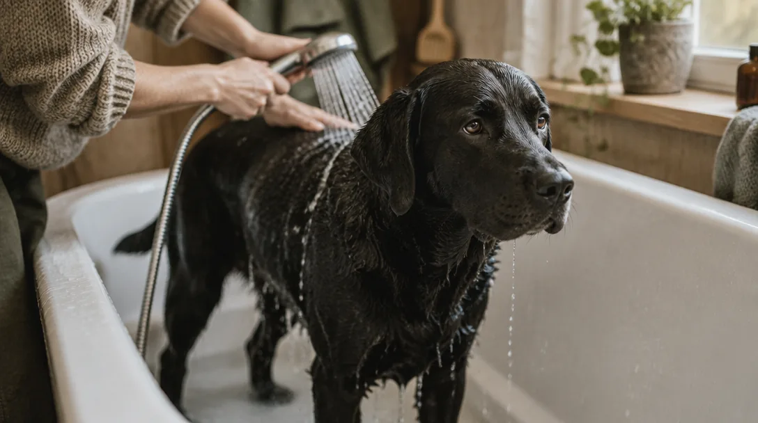 En svart labrador står i ett badkar och sköljs med en handdusch, pälsen blank av vatten.
