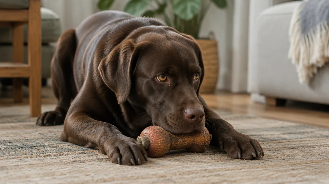 En choklad-labrador ligger beskyddande över ett tuggben på golvet med spänd kroppshållning.