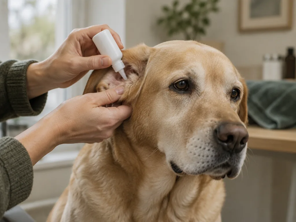 Ett labradoröra behandlas försiktigt med droppar mot öroninfektion.