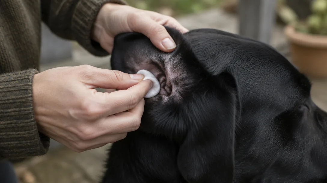 Händer rengör försiktigt insidan av en svart labradors hängande öra med en bomullsdyna.