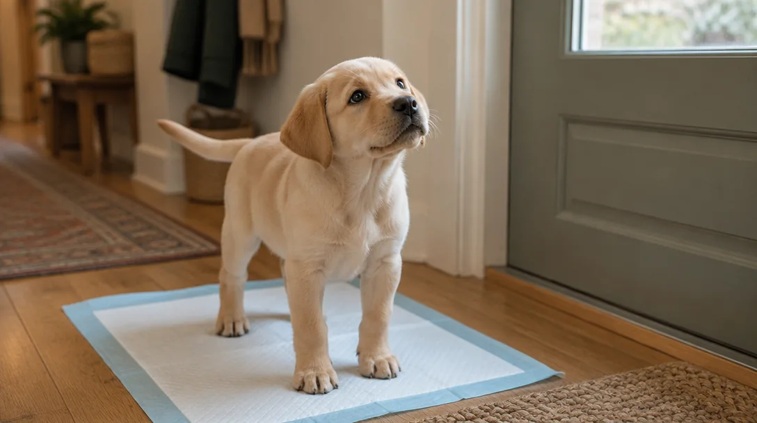 En liten gul labradorvalp står på ett valptränarunderlag vid en dörr och tittar förväntansfullt upp.