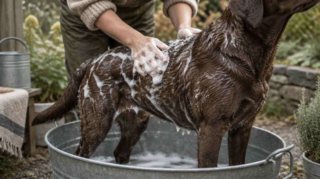 En choklad-labrador står i ett utomhuskar och tvålas in med schampo av ett par händer i trädgården.