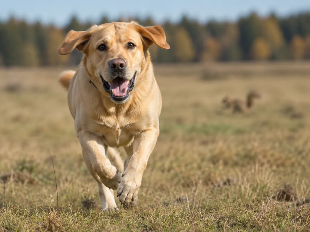 En labrador springer i full fart över ett öppet fält, distraherad av en ekorre i bakgrunden.