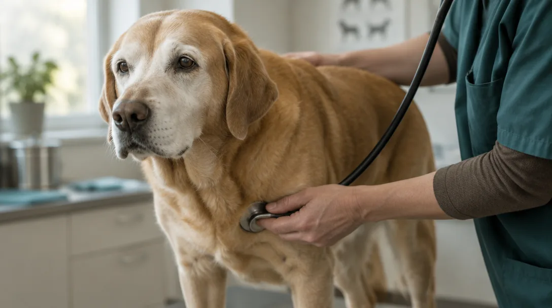En äldre gul labrador med gråmulen nos står lugnt medan en veterinärs händer lyssnar på hjärtat med ett stetoskop.