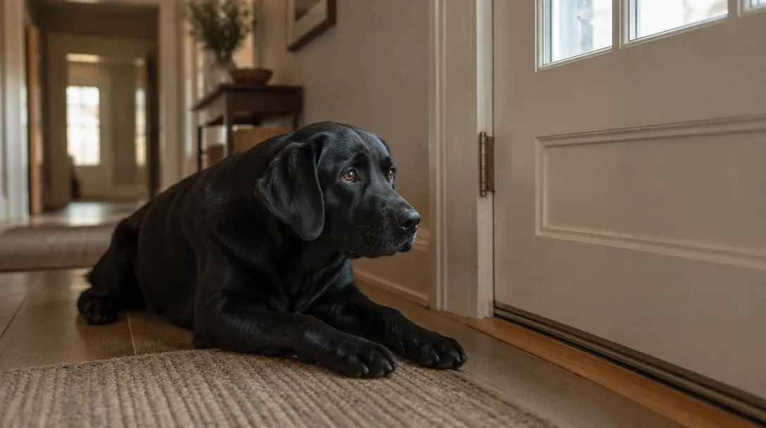 En svart labrador ligger vid ytterdörren och tittar oroligt mot den i ett tomt hallutrymme.