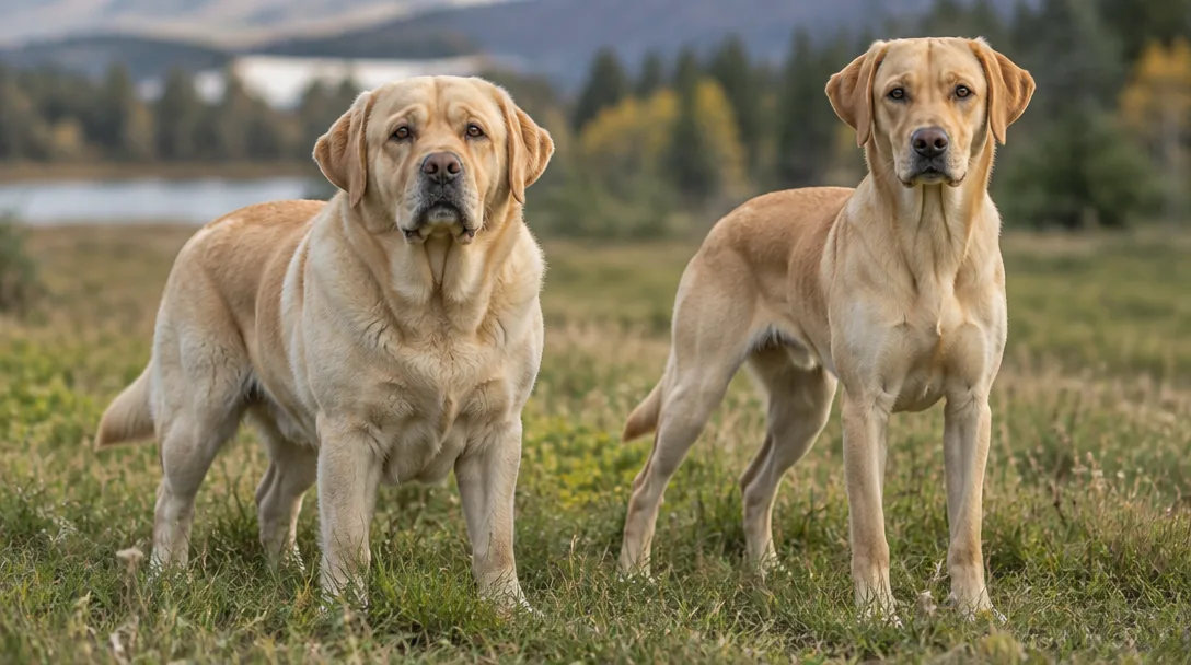 Två labradorer står tillsammans utomhus, en kraftigt byggd och en smalare atletisk, på en äng.