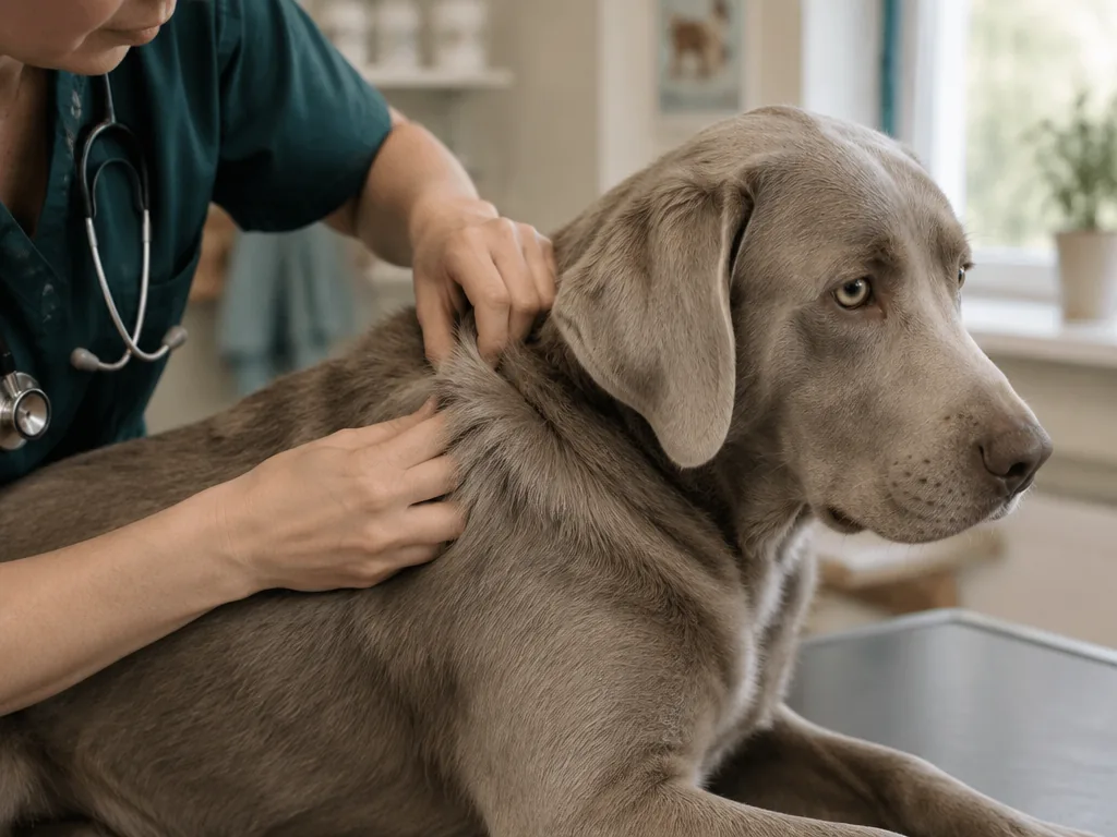En veterinär undersöker pälsen på en silverfärgad labrador på en undersökningsbrits.
