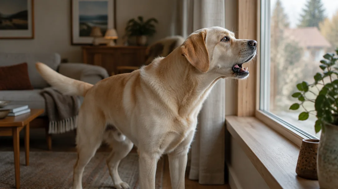 En gul labrador står vid ett fönster med öppen mun mitt i ett skall och tittar ut.
