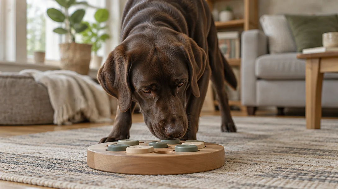 En choklad-labrador nosar på en godisleksak med pussel på vardagsrumsgolvet.