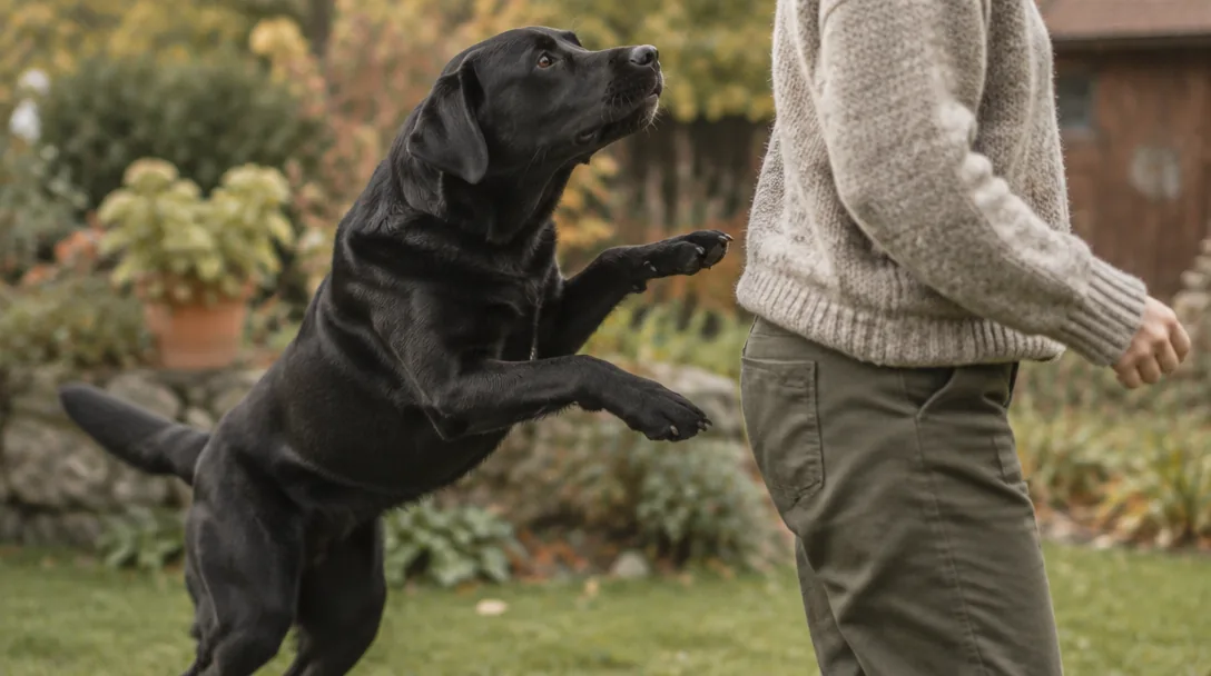 En svart labrador hoppar upp med framtassarna mot en persons överkropp i en trädgård medan personen vänder sig lugnt bort.