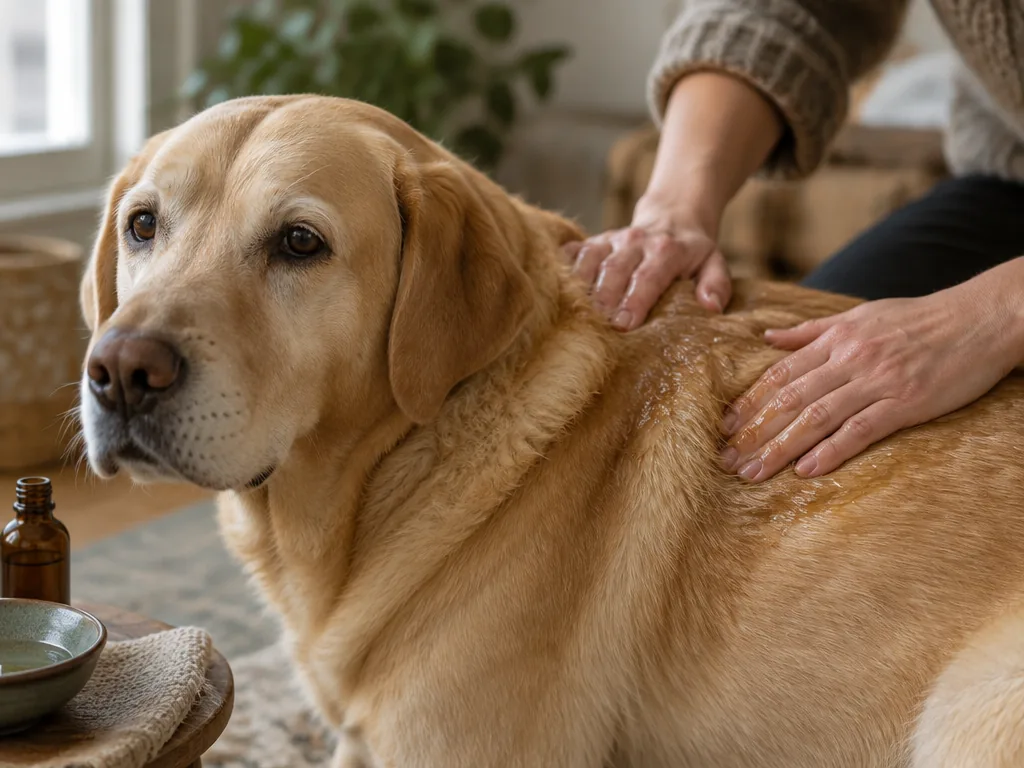 En labradors päls behandlas försiktigt med en fuktande olja mot mjäll.