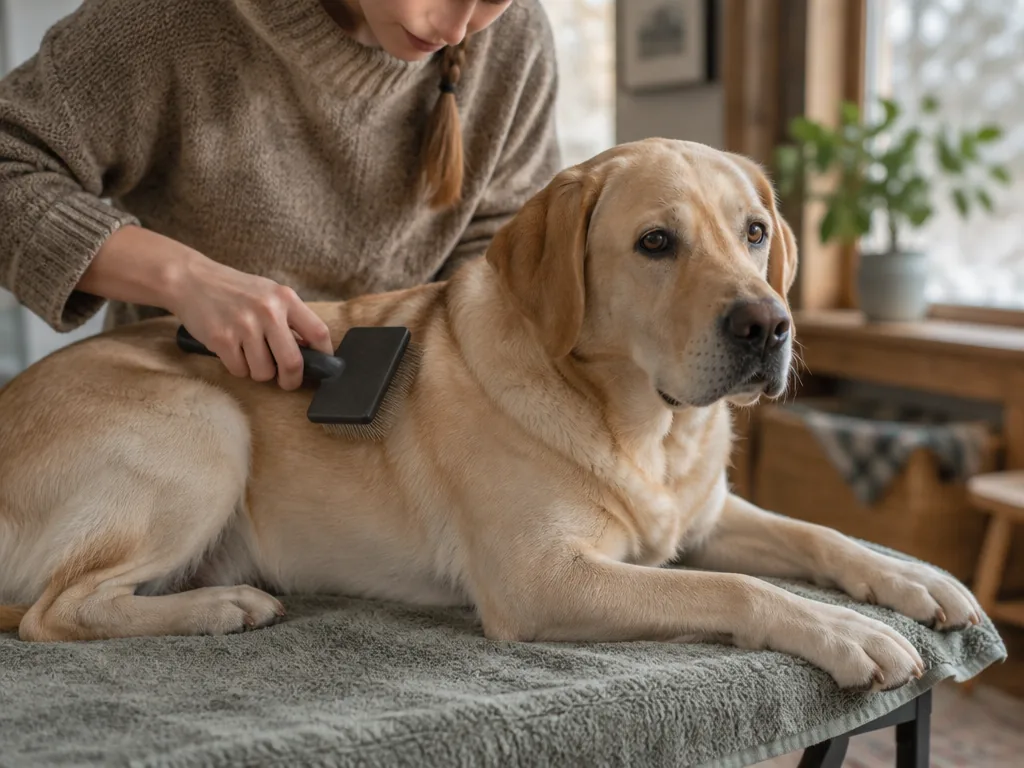 En person borstar pälsen på en labrador med en kardborste på ett handduksklätt bord som en förebyggande rutin.