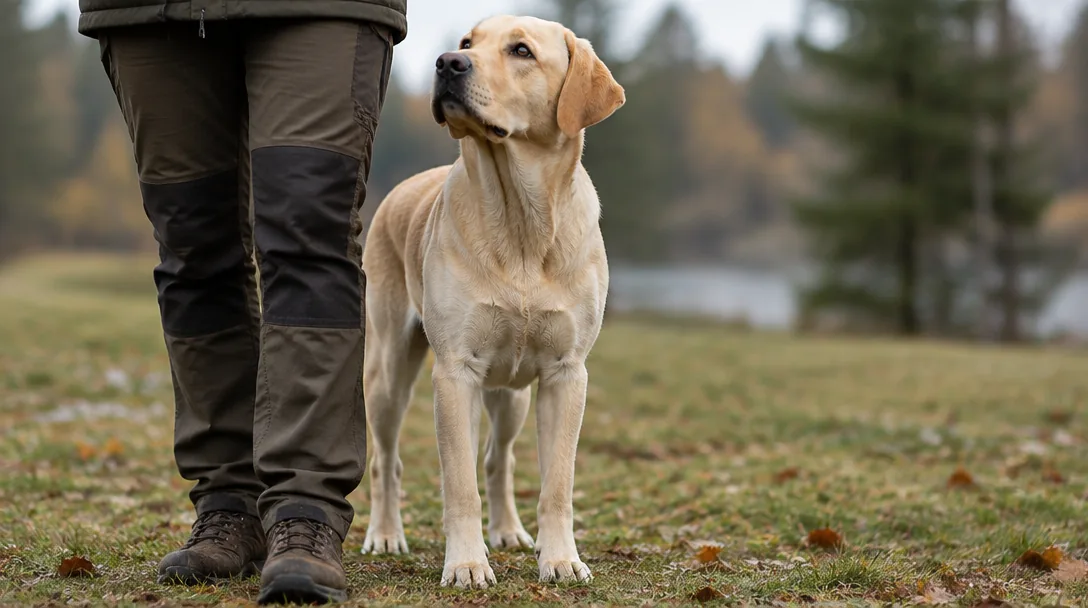 En gul labrador står uppmärksam bredvid en persons ben under en träningsstund i en park.