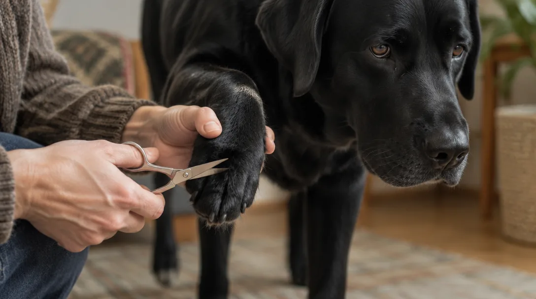 Närbild på händer som klipper pälsen runt en svart labradors tass med en liten sax inomhus.