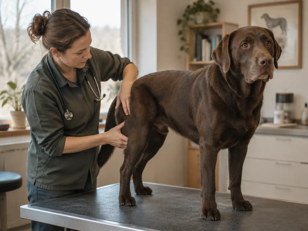 En veterinär utför en fysisk höft- och ledundersökning på en choklad-labrador som en uppföljande hälsobedömning inför avel.